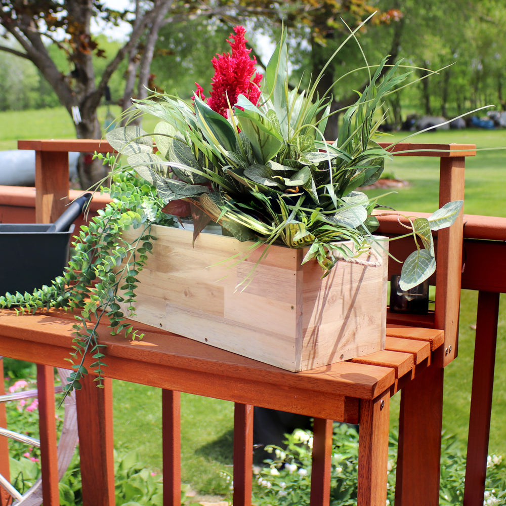 Sunnydaze Acacia Wood Rectangle Tray Planter with Handles/Liner - Natural Image 2