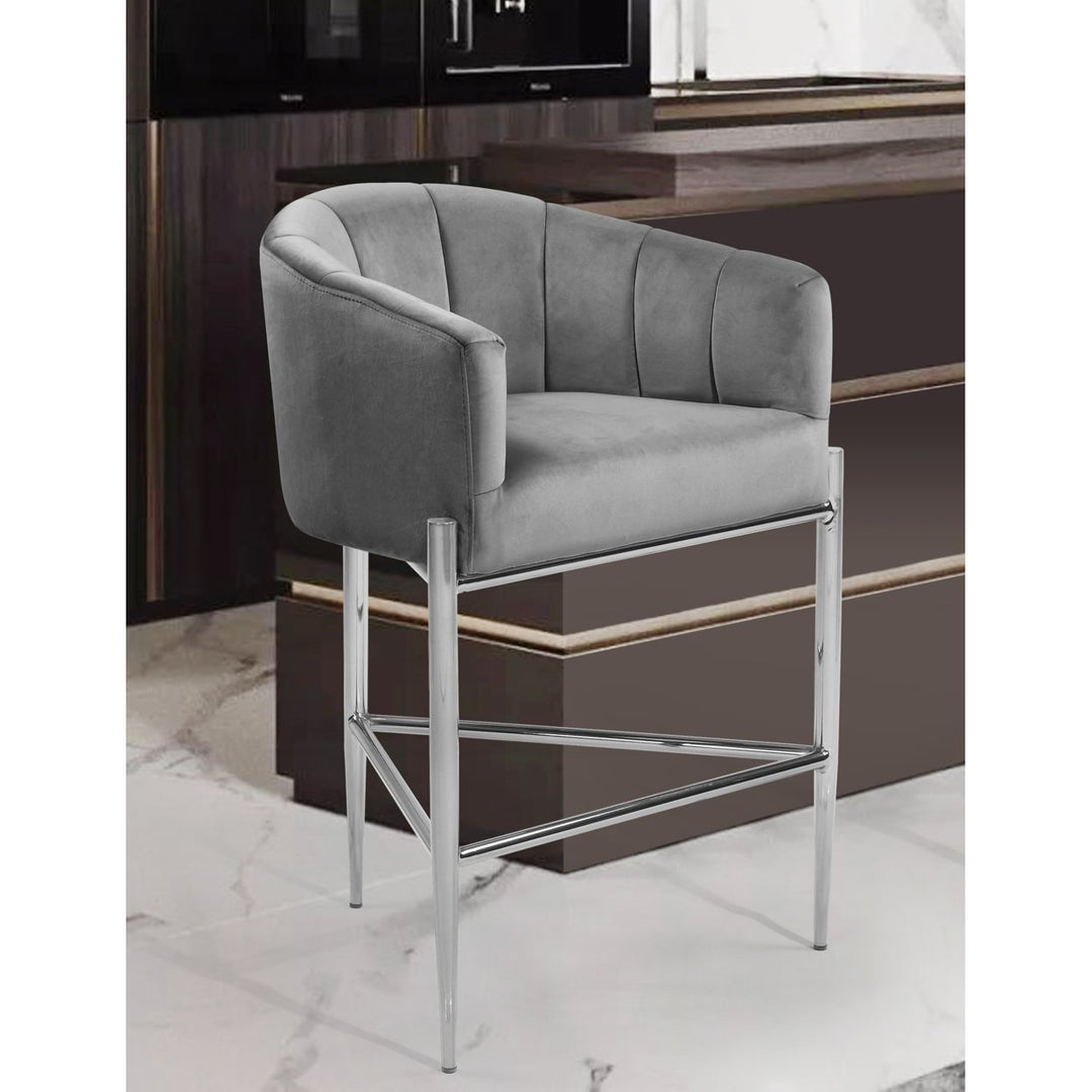 Iconic Home Ardee Counter Stool Chair Velvet Upholstered Shelter Arm Shell Design 3 Legged Chrome Tone Solid Metal Base Image 1