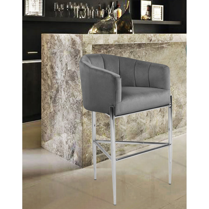 Iconic Home Ardee Bar Stool Chair Velvet Upholstered Shelter Arm Shell Design 3 Legged Chrome Tone Solid Metal Base Image 1