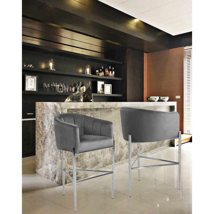 Iconic Home Ardee Bar Stool Chair Velvet Upholstered Shelter Arm Shell Design 3 Legged Chrome Tone Solid Metal Base Image 5