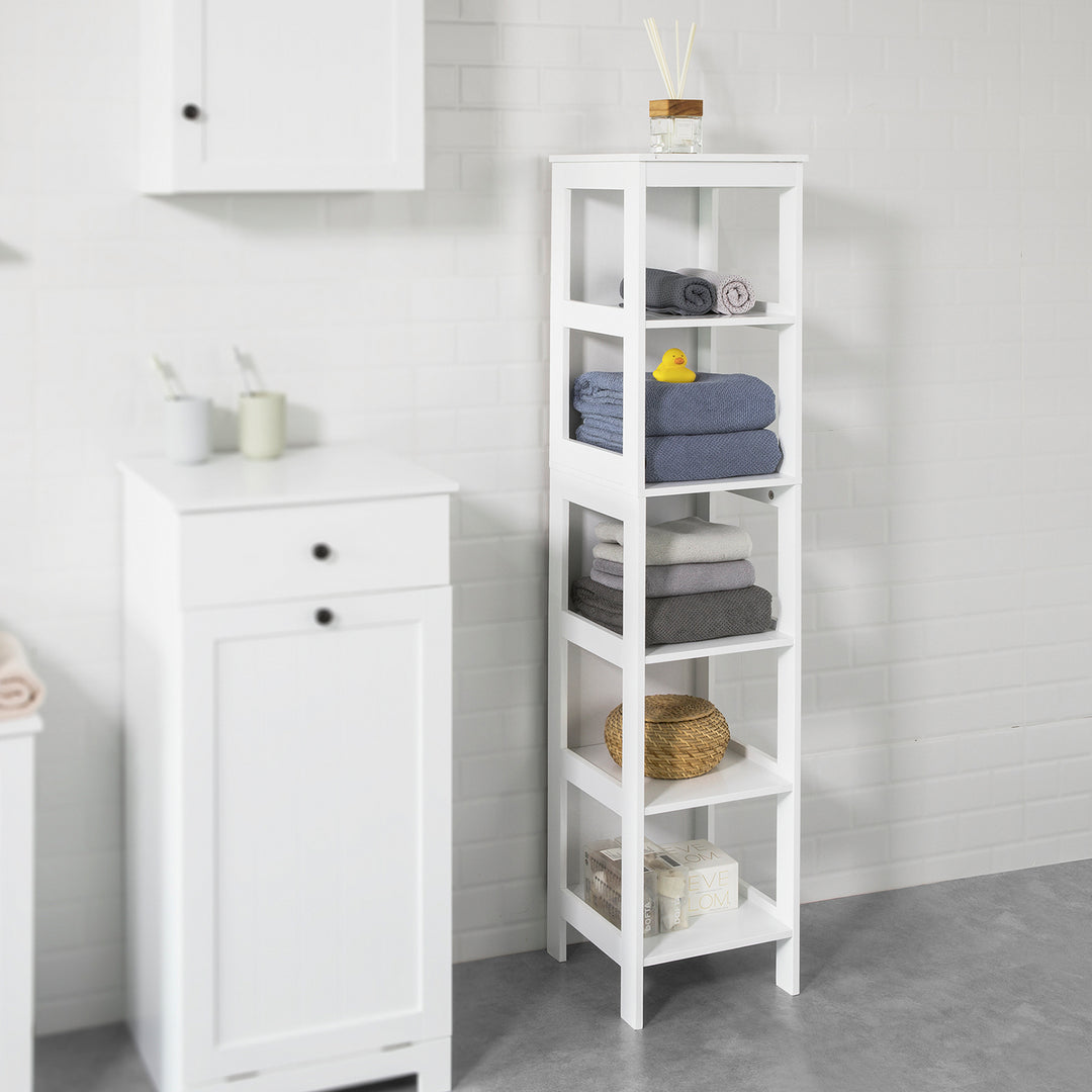 Haotian BZR14-W White Bathroom Storage Cabinet 5 Shelves 54.7 inch Linen Tower Image 2