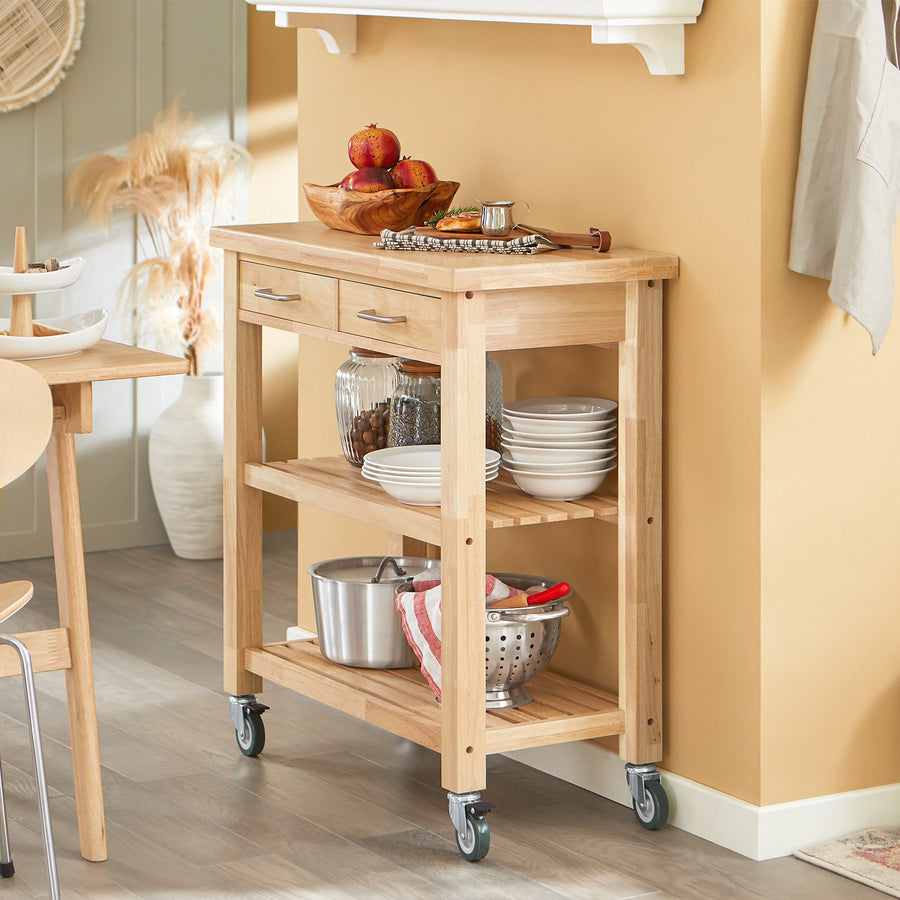 Haotian FKW24-N, Rubber Wood Kitchen Trolley Cart with 2 Drawers and 2 Shelves, Kitchen Storage Trolley with Wheels Image 1