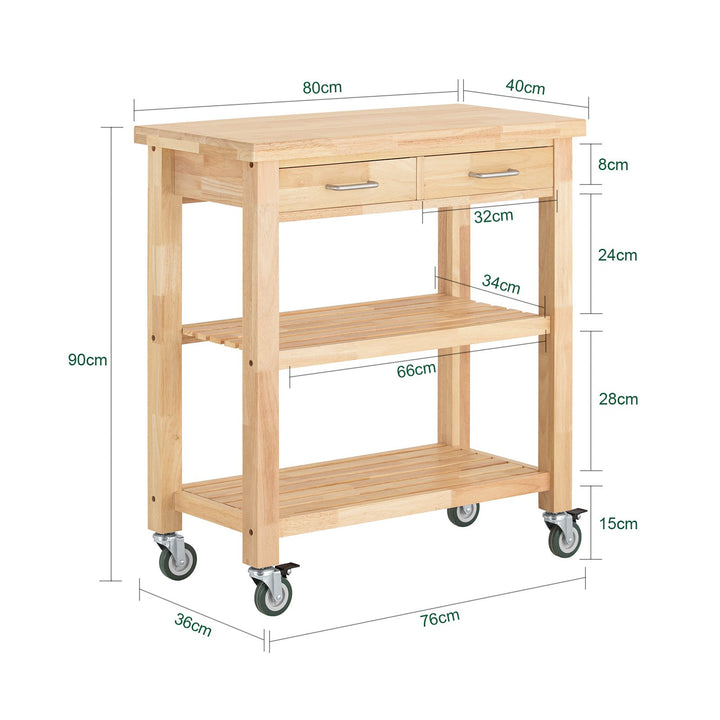 Haotian FKW24-N, Rubber Wood Kitchen Trolley Cart with 2 Drawers and 2 Shelves, Kitchen Storage Trolley with Wheels Image 2