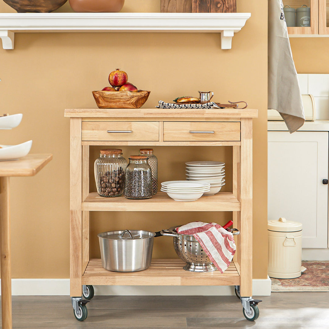 Haotian FKW24-N, Rubber Wood Kitchen Trolley Cart with 2 Drawers and 2 Shelves, Kitchen Storage Trolley with Wheels Image 6