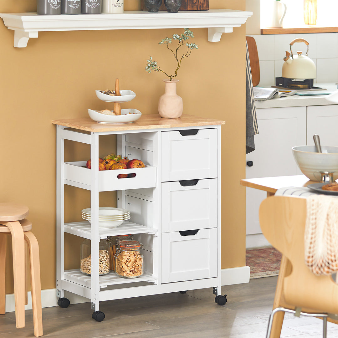 Haotian FKW79-W, Kitchen Cart, Kitchen Storage Trolley, Rolling Kitchen Island with Open Storage Shelf and 3 Drawers Image 1