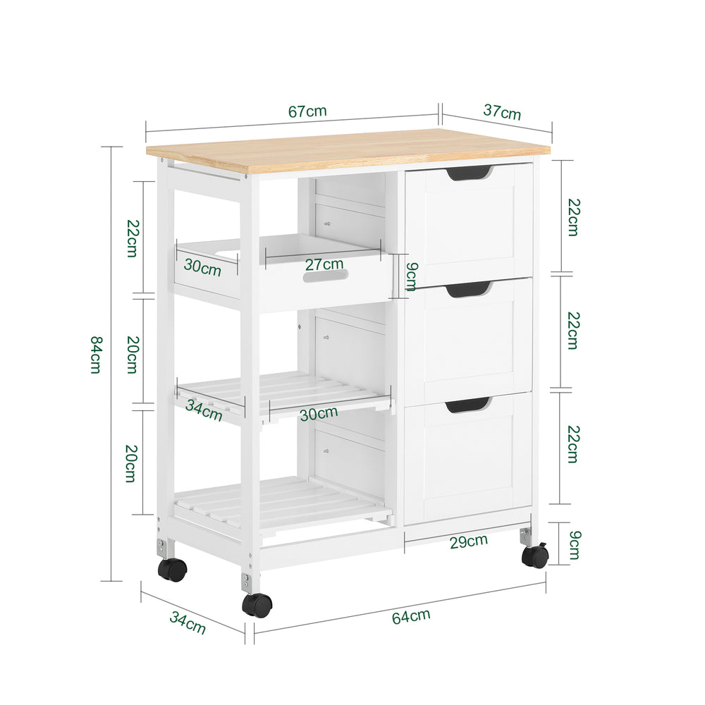 Haotian FKW79-W, Kitchen Cart, Kitchen Storage Trolley, Rolling Kitchen Island with Open Storage Shelf and 3 Drawers Image 2