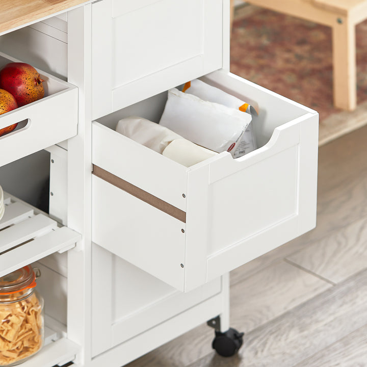 Haotian FKW79-W, Kitchen Cart, Kitchen Storage Trolley, Rolling Kitchen Island with Open Storage Shelf and 3 Drawers Image 5