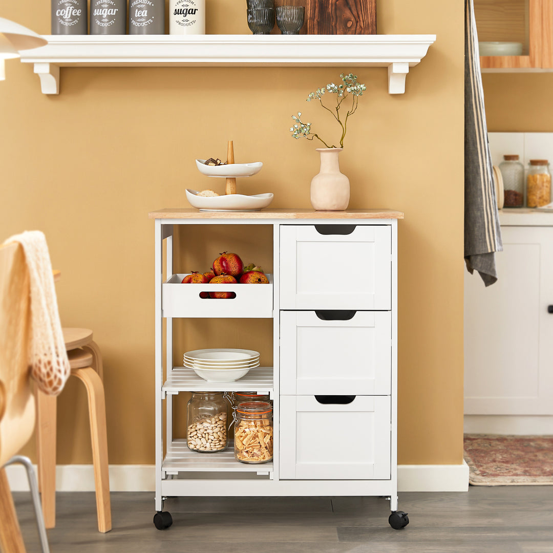 Haotian FKW79-W, Kitchen Cart, Kitchen Storage Trolley, Rolling Kitchen Island with Open Storage Shelf and 3 Drawers Image 7