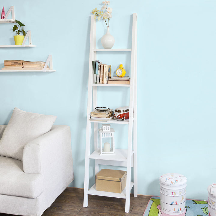 Haotian FRG101-W, White Modern 5 Tiers Ladder Shelf, Storage Display Shelving Wall Shelf Bookcase Image 1