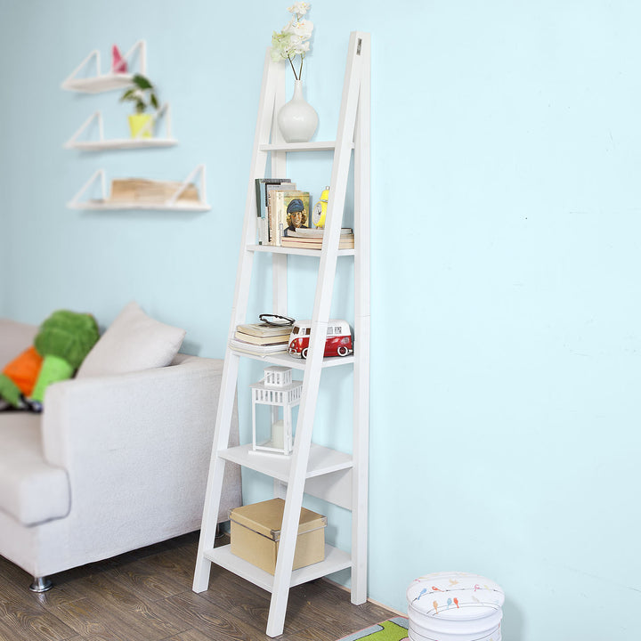 Haotian FRG101-W, White Modern 5 Tiers Ladder Shelf, Storage Display Shelving Wall Shelf Bookcase Image 2