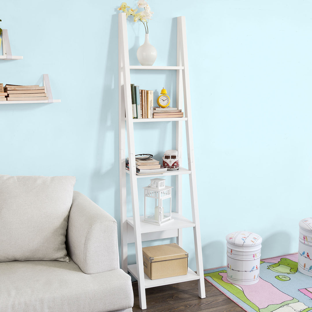 Haotian FRG101-W, White Modern 5 Tiers Ladder Shelf, Storage Display Shelving Wall Shelf Bookcase Image 6