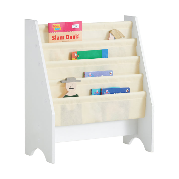 Haotian FRG225-W Beige Kids Sling Book Rack Bookshelf 24.4in Fabric Pockets Image 1