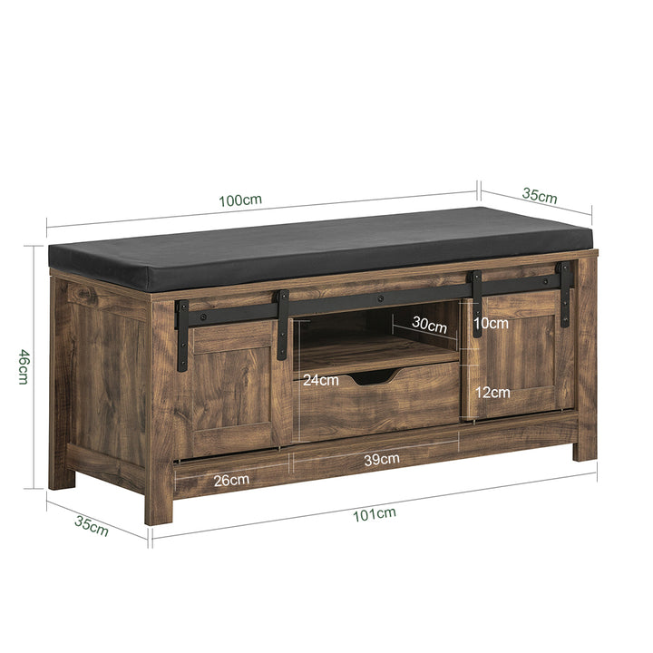 Haotian FSR118-N, Industrial Style Storage Bench with Sliding Barn Doors, Drawer and Padded Seat Cushion, Hallway Bench, Image 6