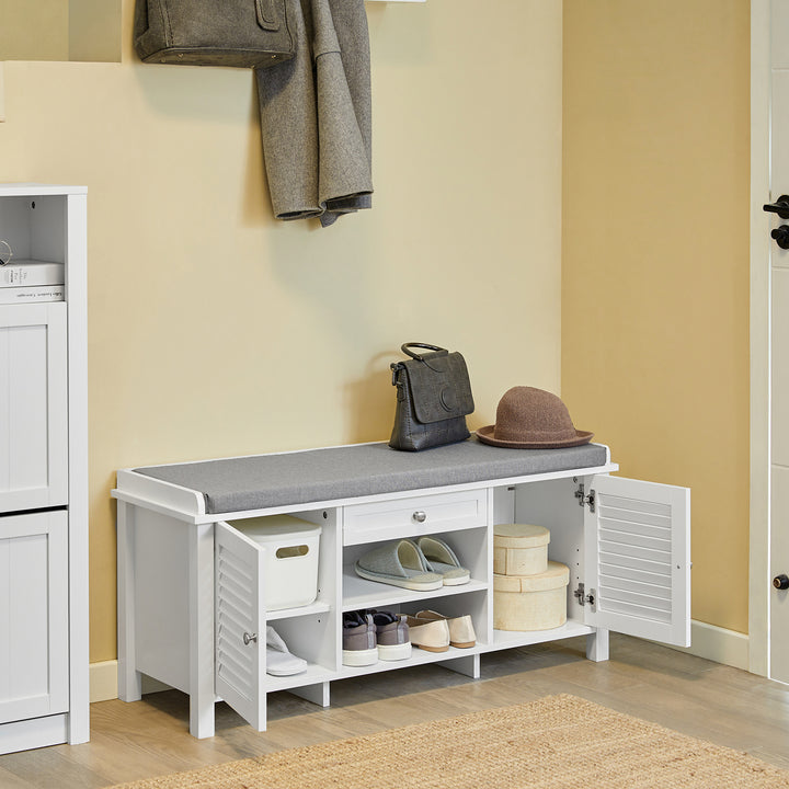 Haotian FSR83-W, White Storage Bench with 2 Doors, 1 Drawer and Shelf and Removable Seat Cushion, Shoe Cabinet Shoe Image 3