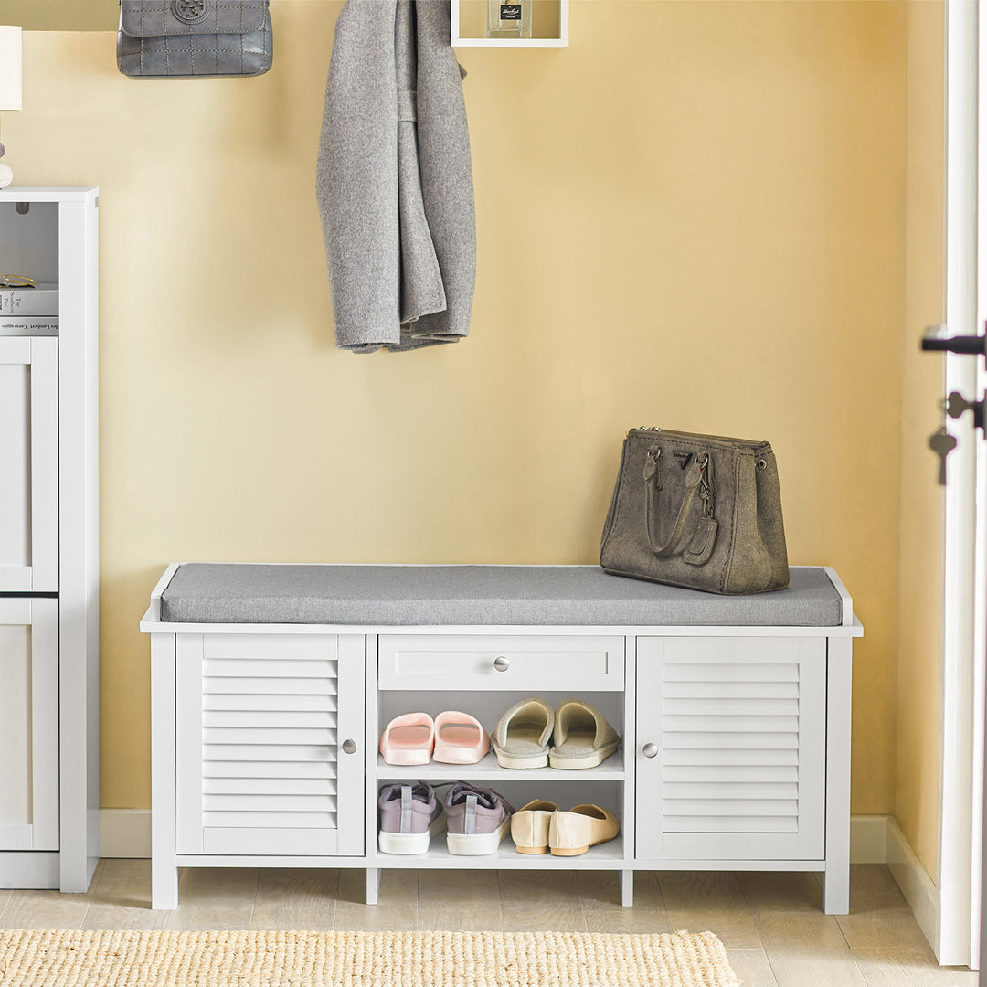 Haotian FSR83-W, White Storage Bench with 2 Doors, 1 Drawer and Shelf and Removable Seat Cushion, Shoe Cabinet Shoe Image 1