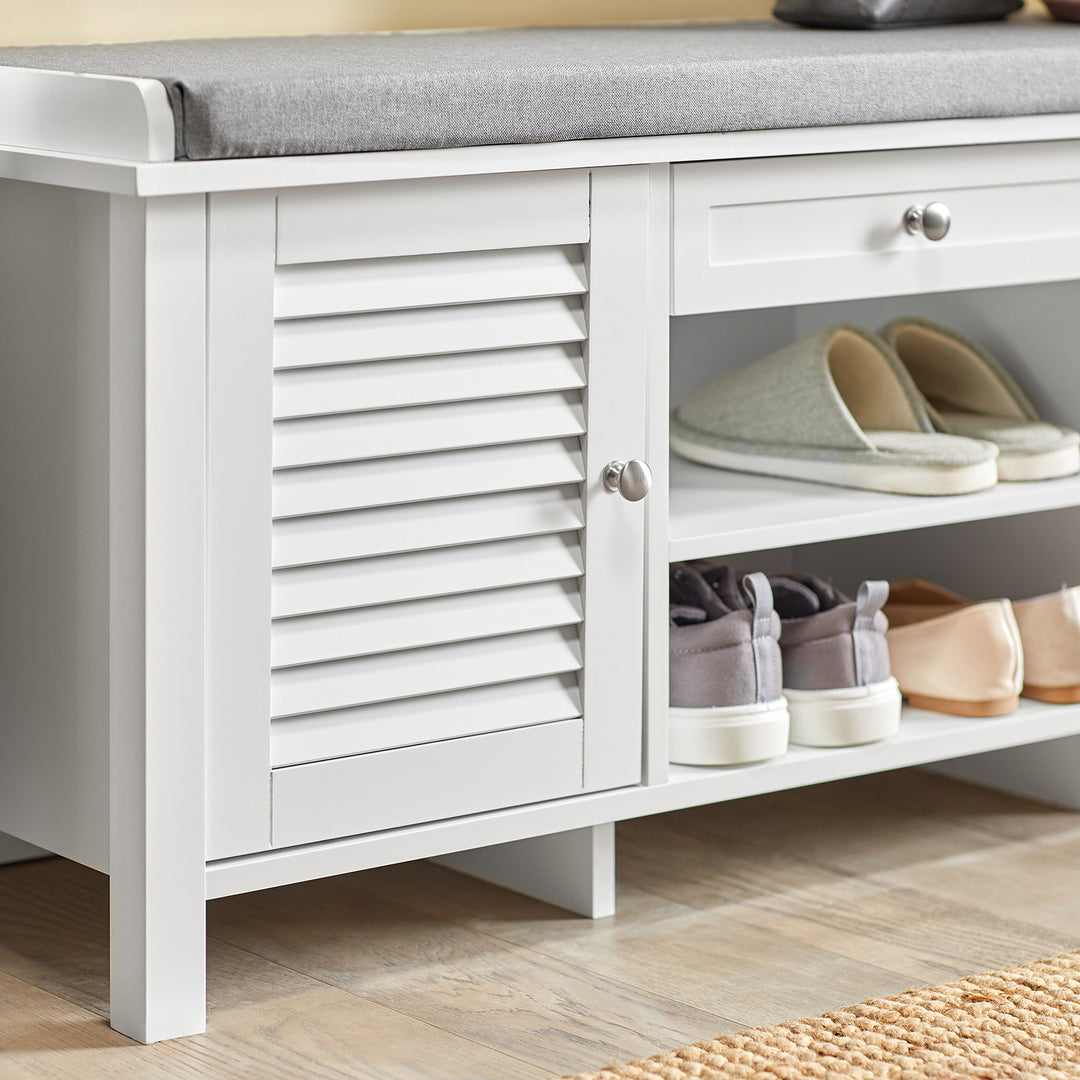 Haotian FSR83-W, White Storage Bench with 2 Doors, 1 Drawer and Shelf and Removable Seat Cushion, Shoe Cabinet Shoe Image 5