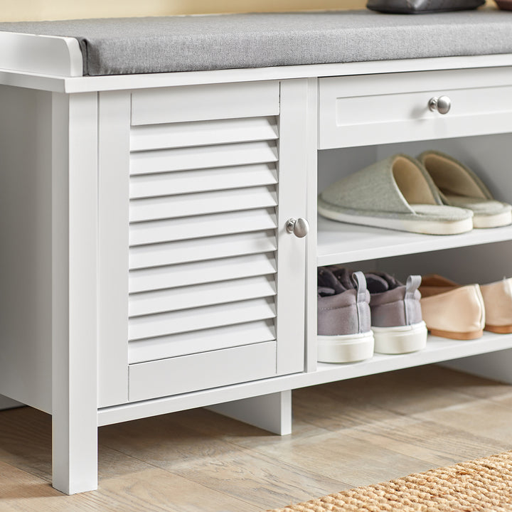 Haotian FSR83-W, White Storage Bench with 2 Doors, 1 Drawer and Shelf and Removable Seat Cushion, Shoe Cabinet Shoe Image 5