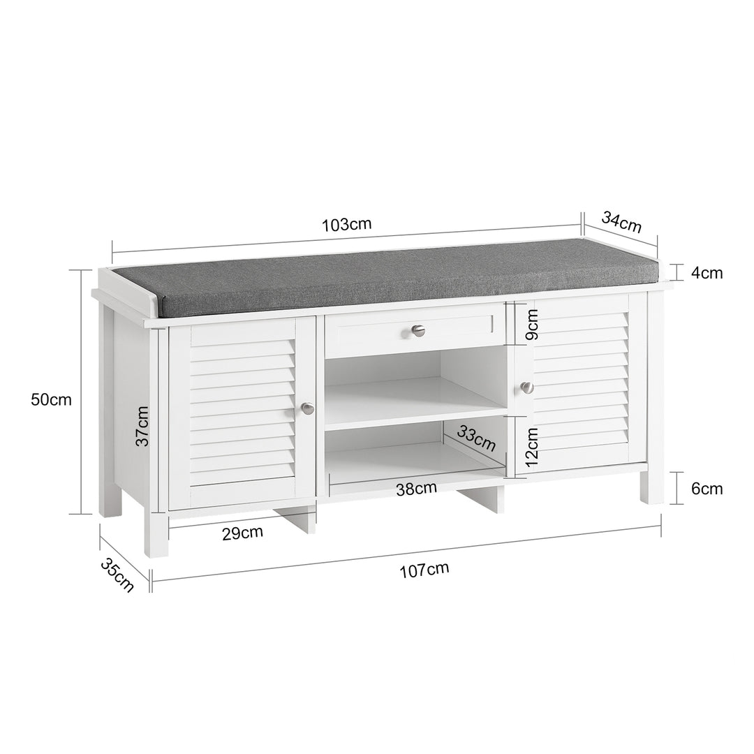 Haotian FSR83-W, White Storage Bench with 2 Doors, 1 Drawer and Shelf and Removable Seat Cushion, Shoe Cabinet Shoe Image 7