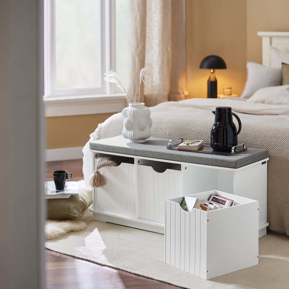 Haotian FSR30-W,White Storage Bench with Drawers and Padded Seat Cushion, Hallway Bench Shoe Cabinet Shoe Bench Image 2