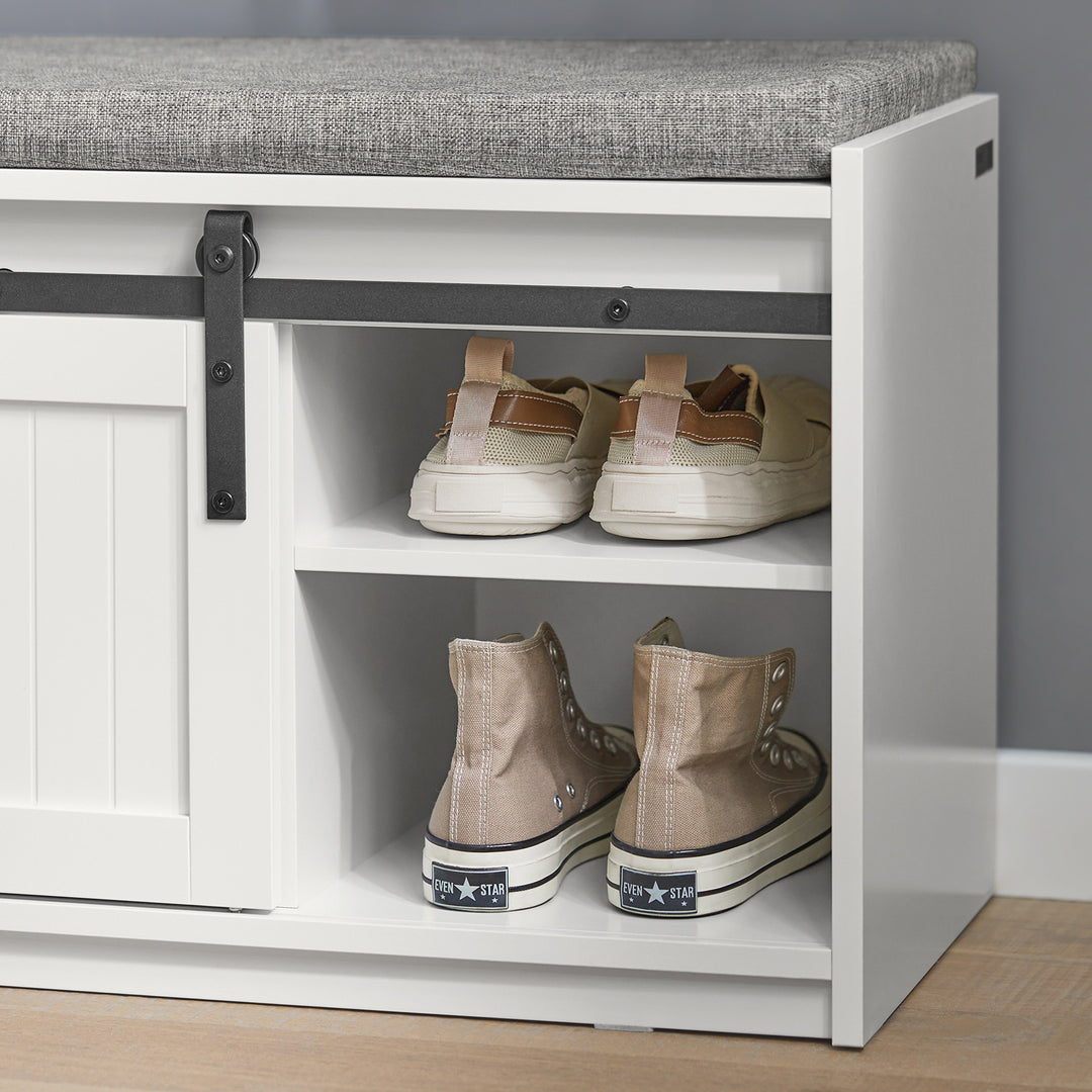 Haotian FSR133-W, White Rustic Style Storage Bench with Sliding Barn Doors and Padded Seat Cushion, Hallway Bench, Shoe Image 2