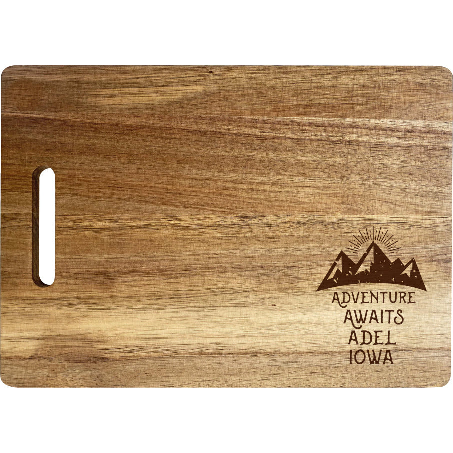 Adel Iowa Camping Souvenir Engraved Wooden Cutting Board 14" x 10" Acacia Wood Adventure Awaits Design Image 1