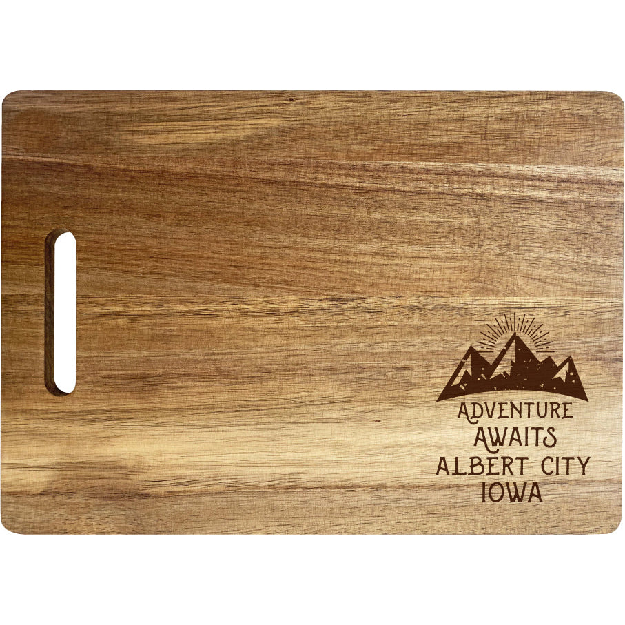 Albert City Iowa Camping Souvenir Engraved Wooden Cutting Board 14" x 10" Acacia Wood Adventure Awaits Design Image 1