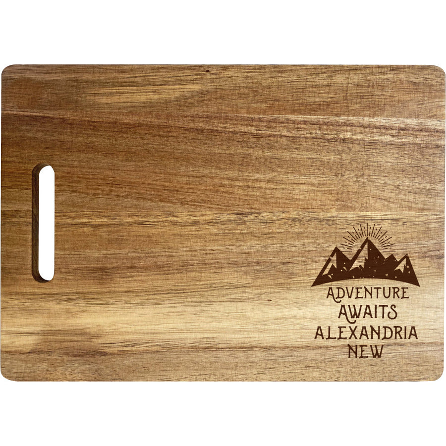 Alexandria Hampshire Camping Souvenir Engraved Wooden Cutting Board 14" x 10" Acacia Wood Adventure Awaits Design Image 1