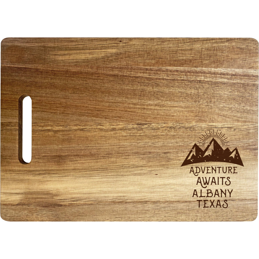 Albany Texas Camping Souvenir Engraved Wooden Cutting Board 14" x 10" Acacia Wood Adventure Awaits Design Image 1