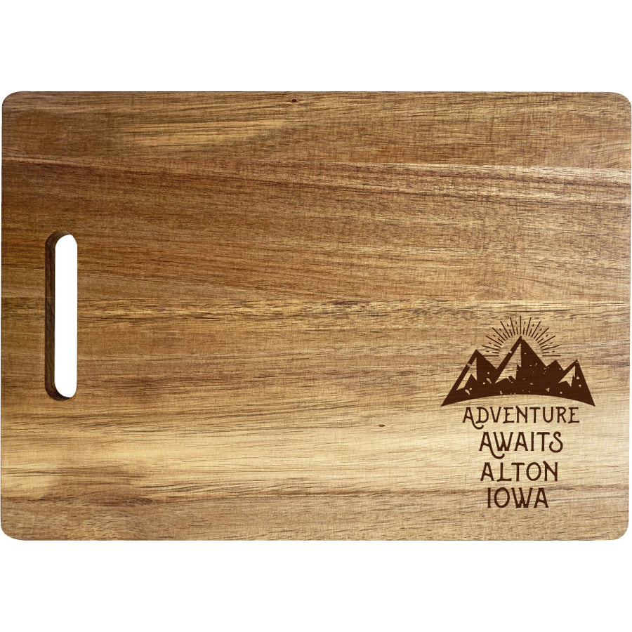 Alton Iowa Camping Souvenir Engraved Wooden Cutting Board 14" x 10" Acacia Wood Adventure Awaits Design Image 1