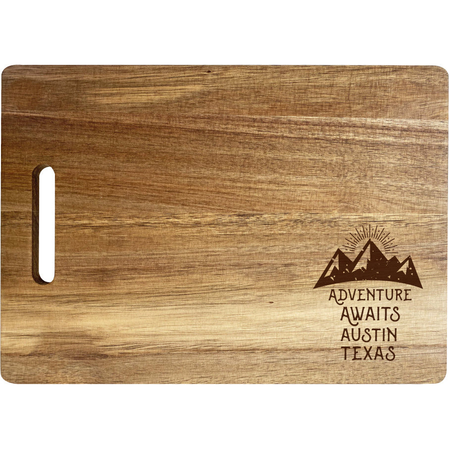 Austin Texas Camping Souvenir Engraved Wooden Cutting Board 14" x 10" Acacia Wood Adventure Awaits Design Image 1