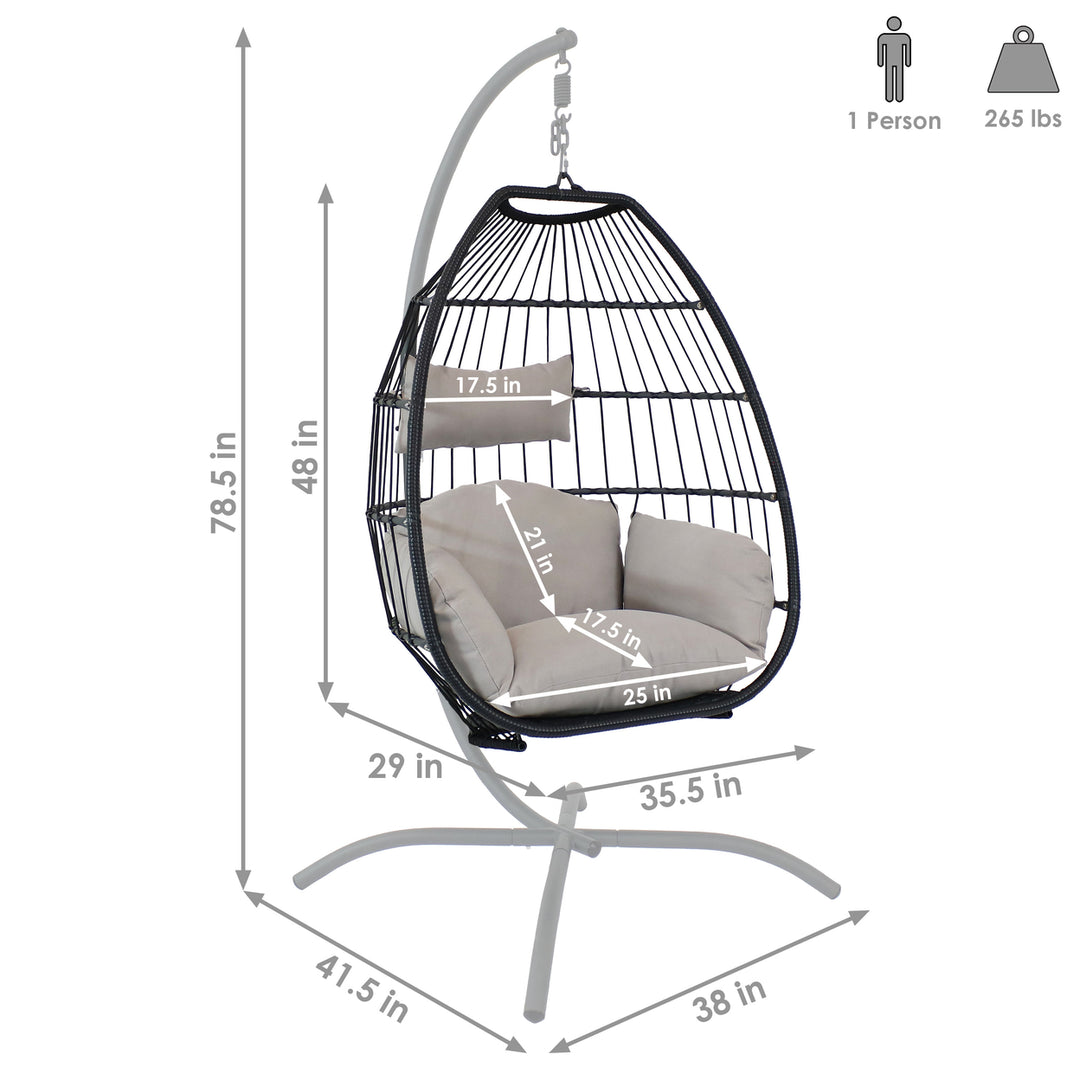 Sunnydaze Resin Wicker Hanging Egg Chair with Steel Stand/Cushions - Gray Image 3