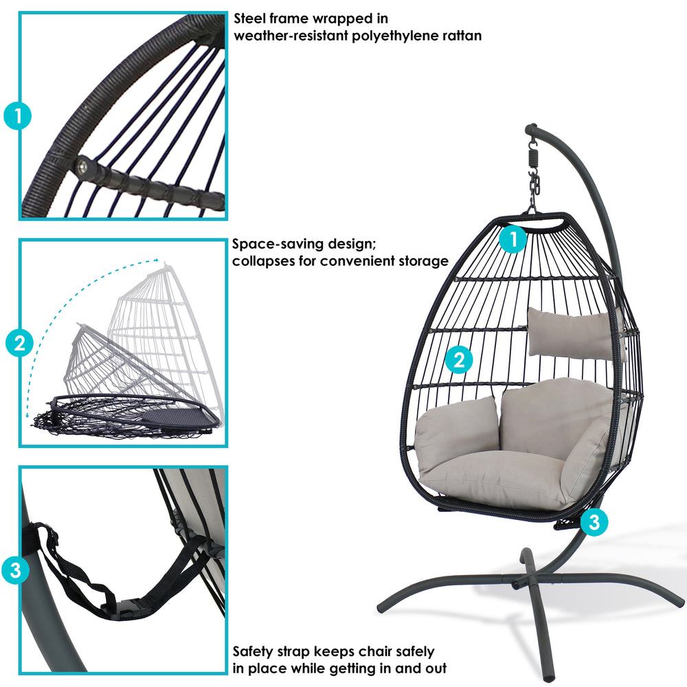 Sunnydaze Resin Wicker Hanging Egg Chair with Steel Stand/Cushions - Gray Image 2