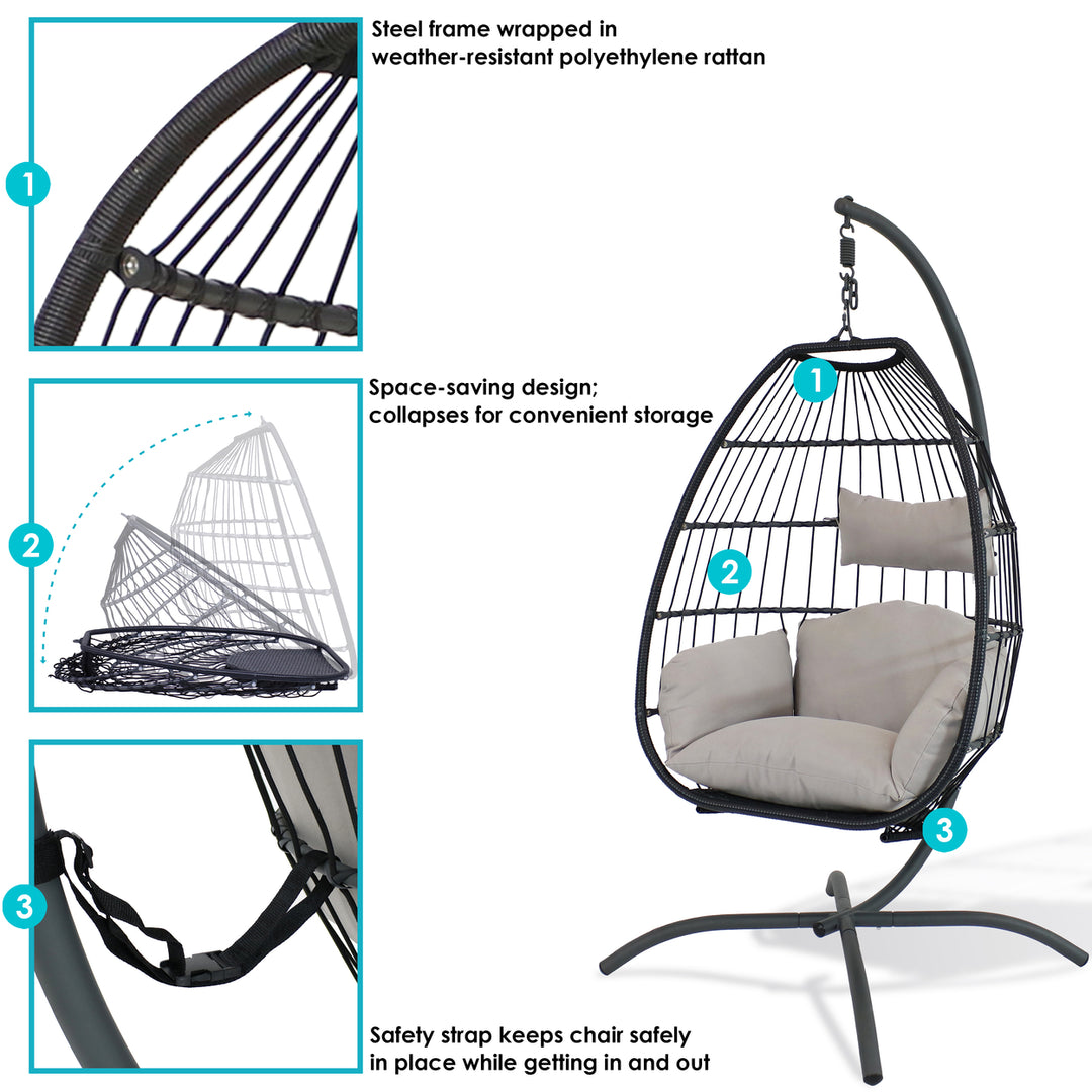 Sunnydaze Resin Wicker Hanging Egg Chair with Steel Stand/Cushions - Gray Image 4