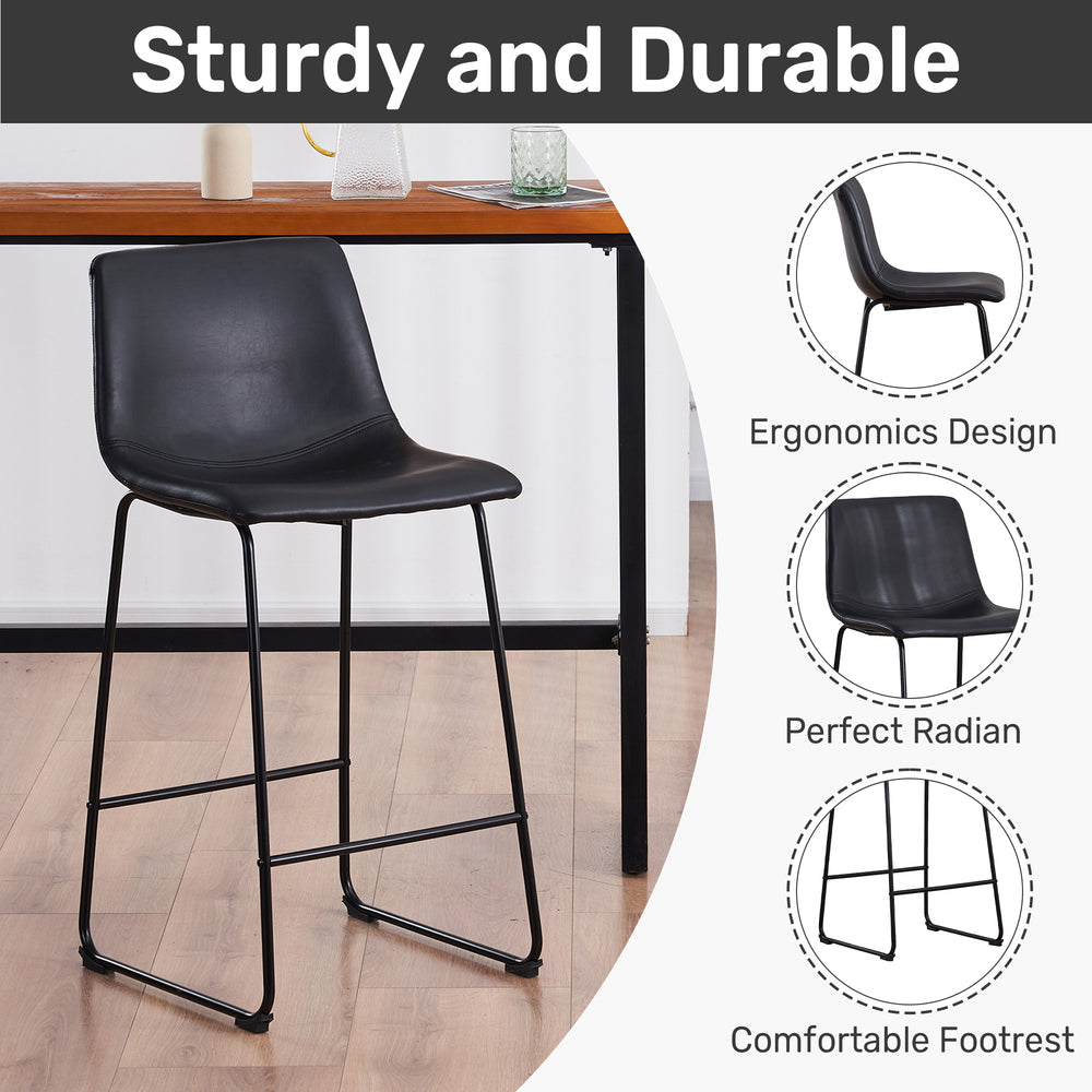 26" Modern Upholstered Faux Leather Barstools Counter Height Barstool Classic Black-Set of 2 Image 2