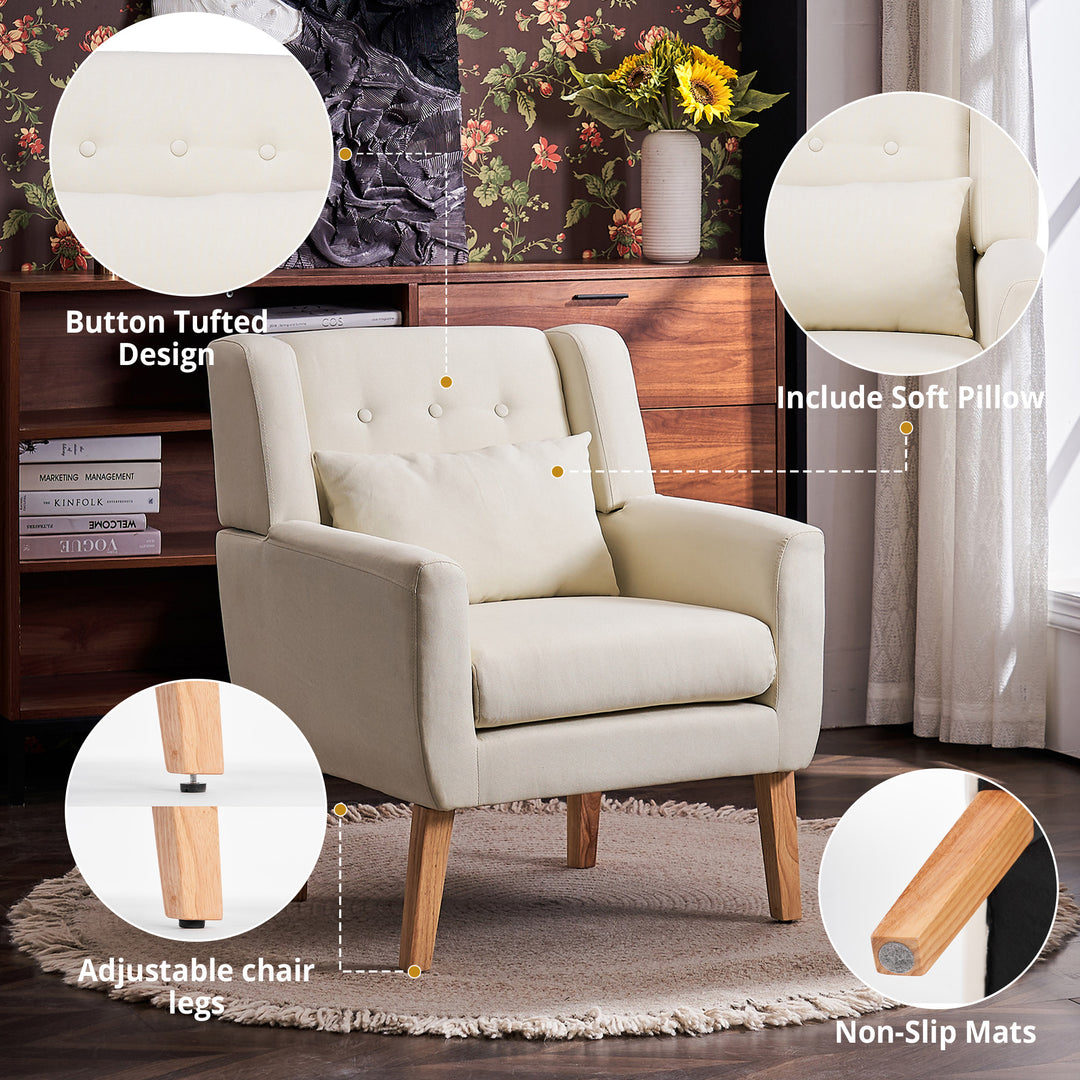 Upholstered Linen Bottom Storage Button Tufted Accent Chair with Lumbar Pillow, Sofa Chair with Rubber Wood Legs Image 5