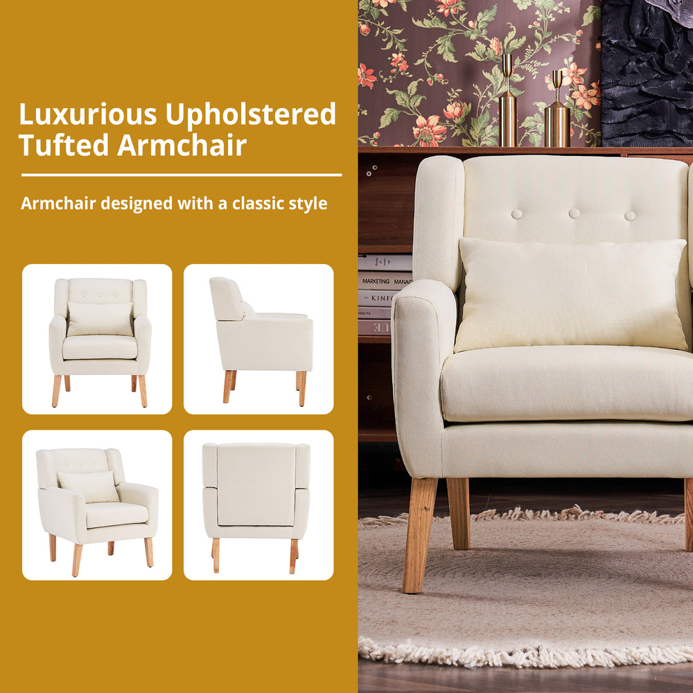 Upholstered Linen Bottom Storage Button Tufted Accent Chair with Lumbar Pillow, Sofa Chair with Rubber Wood Legs Image 2