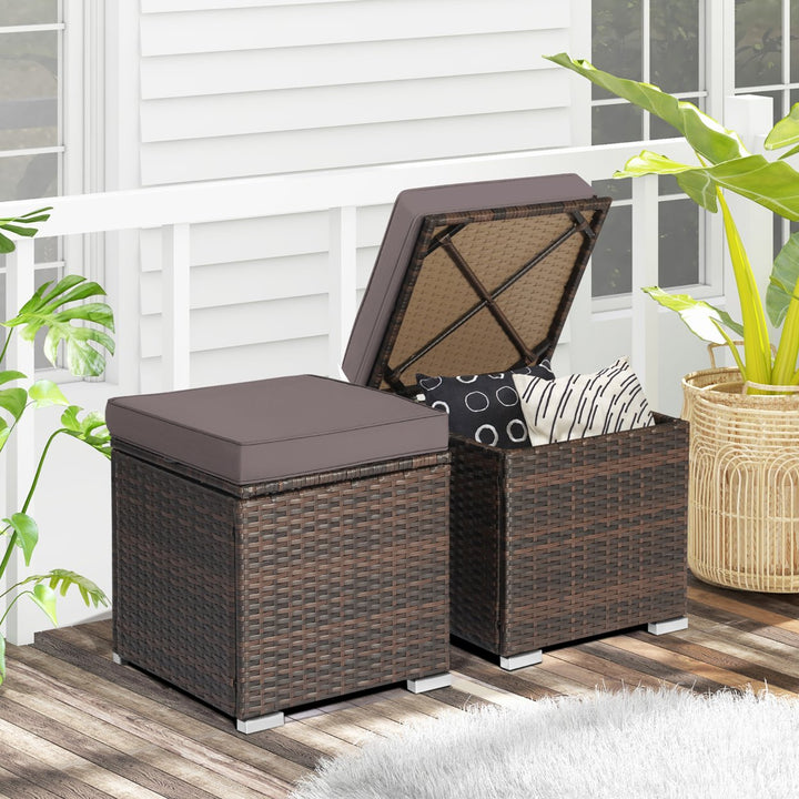 2PCS Outdoor Patio Ottomans Hand-Woven PE Wicker Footstools w/ Removable Cushions Image 1