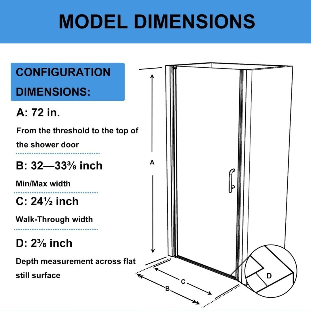 Chic Frameless Shower Door 32-33.5" W x 72" H Matte Black Smoke Gray Glass Image 2