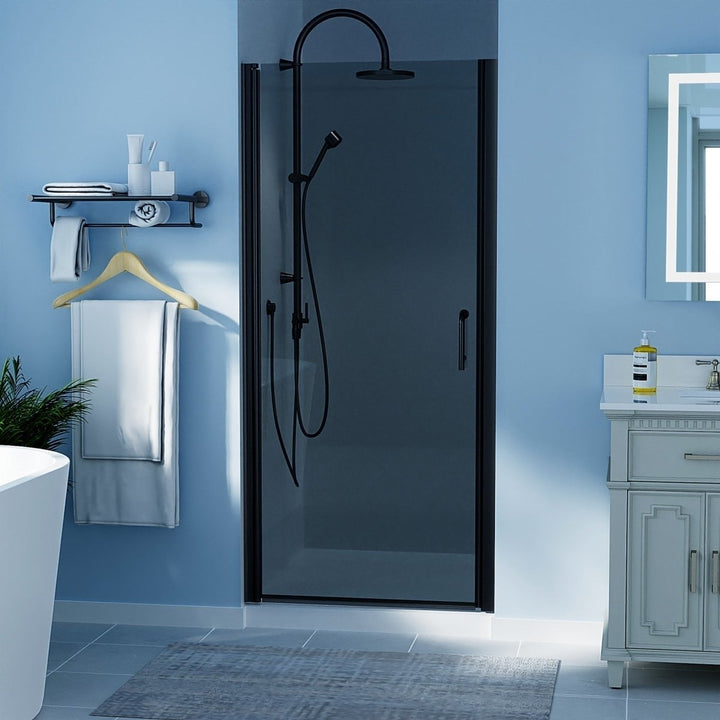 Chic Pivot Semi-Frameless Shower Door 34-35.5" W 72" H Matte Black Smoke Gray Glass Image 1