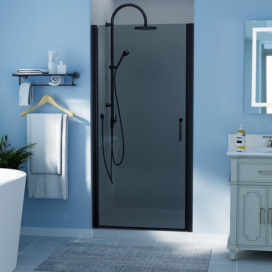 Chic Frameless Pivot Shower Door 36-37.5in W x 72in H Matte Black Smoke Gray Glass Image 1