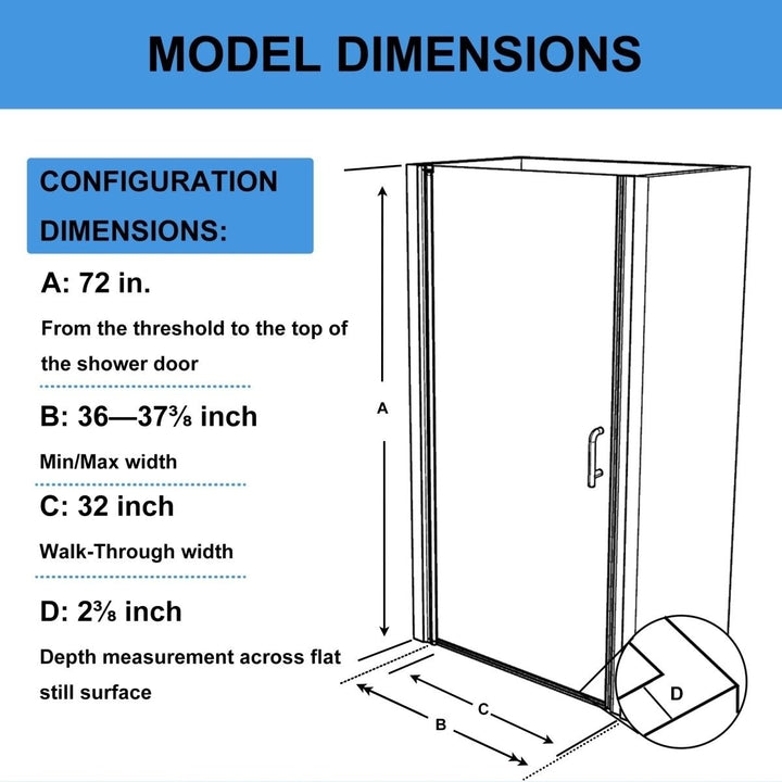 Chic Frameless Pivot Shower Door 36-37.5in W x 72in H Matte Black Smoke Gray Glass Image 2