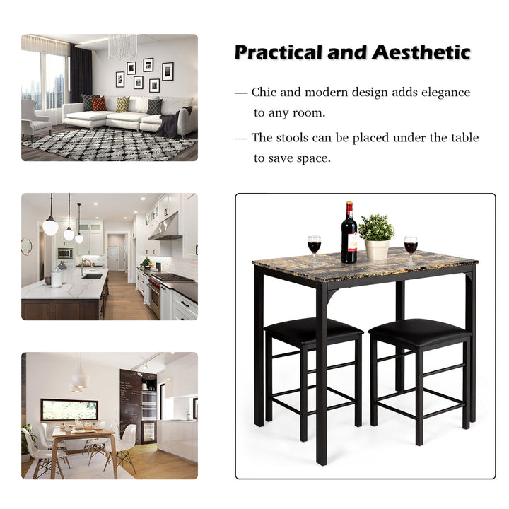 3 PCS Counter Height Dining Set Faux Marble Table 2 Chairs Kitchen Bar Furniture Image 5