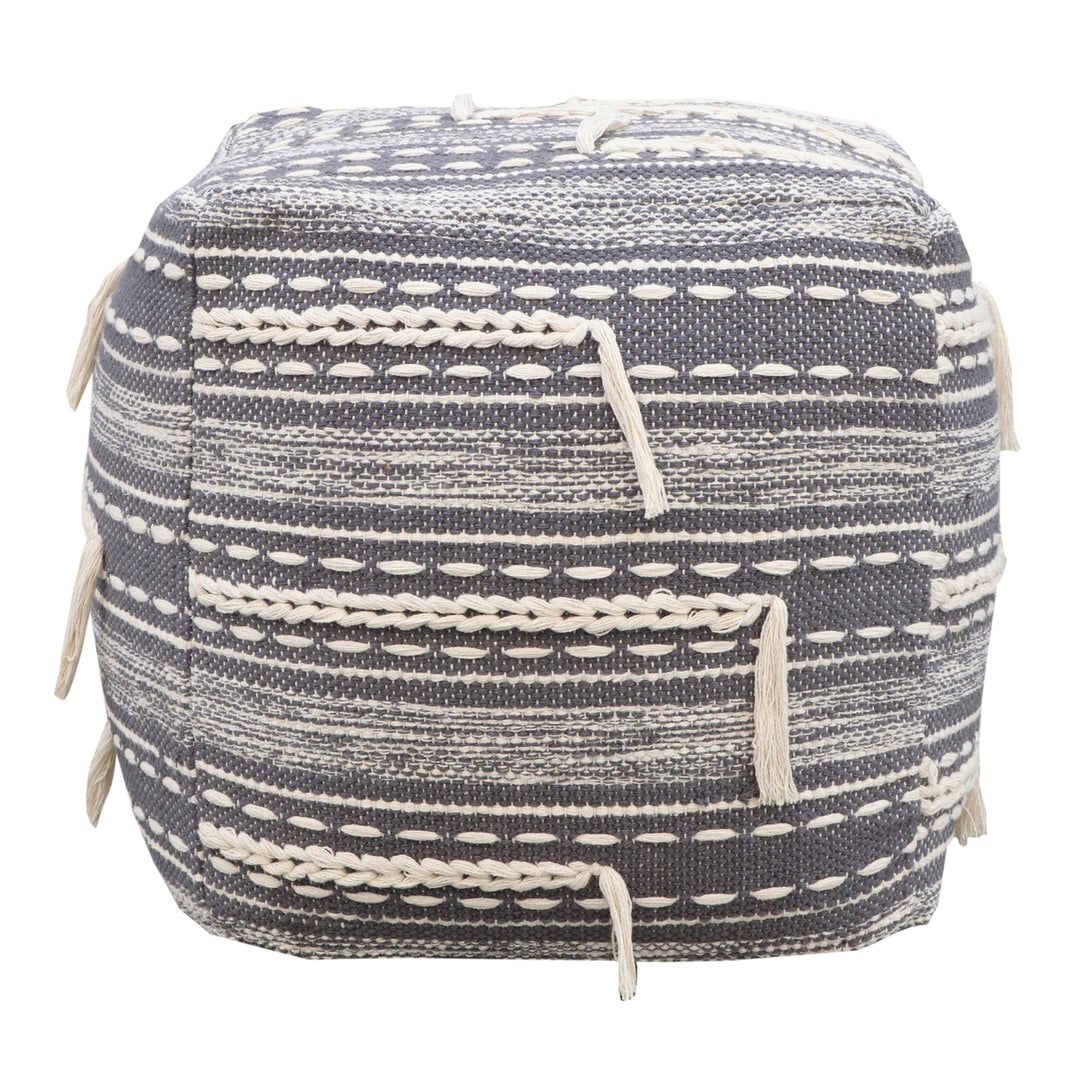 Iconic Home Spearman Ottoman Woven Cotton Upholstered Two-Tone Striped Pattern With Tassels Square Pouf Image 2
