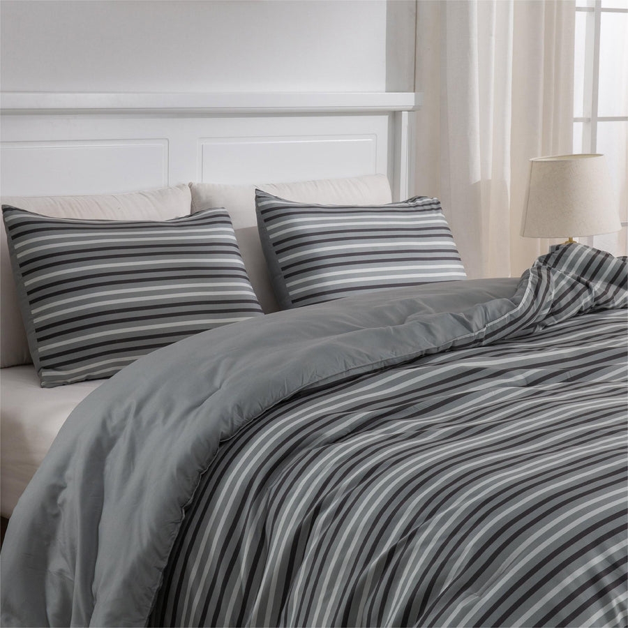 Ultra Soft Reversible Printed Stripe Microfiber Comforter Set - All-Season Warmth, Dark Grey Image 1
