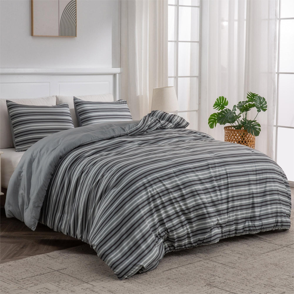 Ultra Soft Reversible Printed Stripe Microfiber Comforter Set - All-Season Warmth, Dark Grey Image 2
