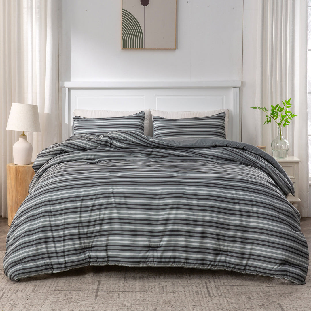 Ultra Soft Reversible Printed Stripe Microfiber Comforter Set - All-Season Warmth, Dark Grey Image 3