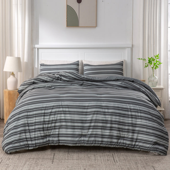 Ultra Soft Microfiber Comforter Set Dark Grey All-Season Reversible Stripe Twin Queen King Image 3