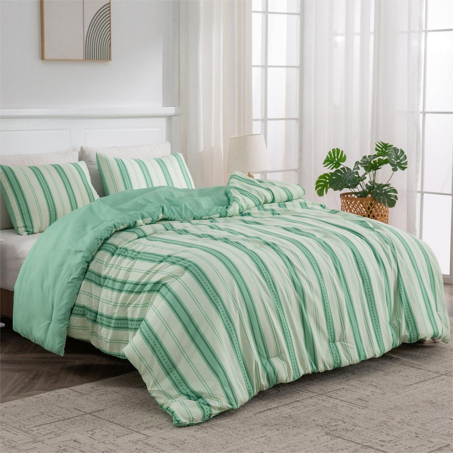 Ultra Soft Reversible Printed Stripe Microfiber Comforter Set - All-Season Warmth, Green Image 1