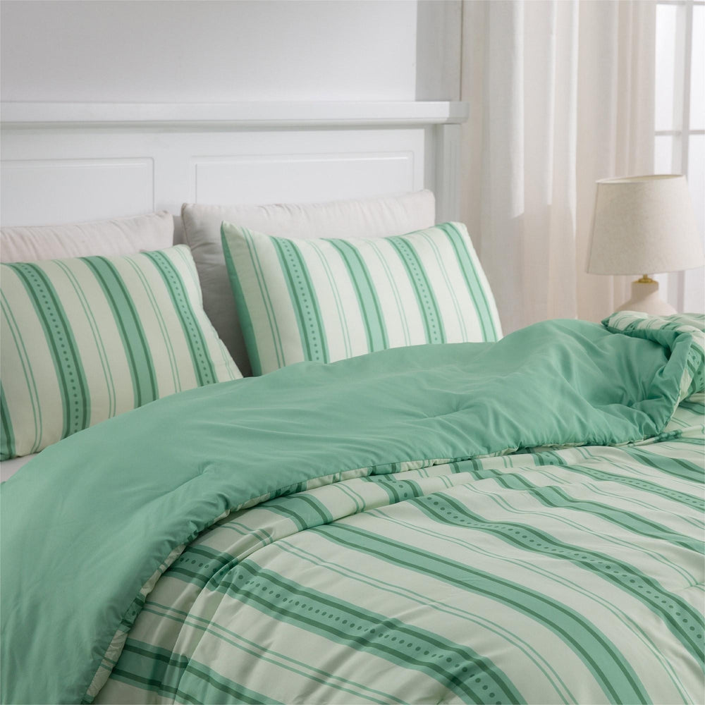 Ultra Soft Reversible Printed Stripe Microfiber Comforter Set - All-Season Warmth, Green Image 2