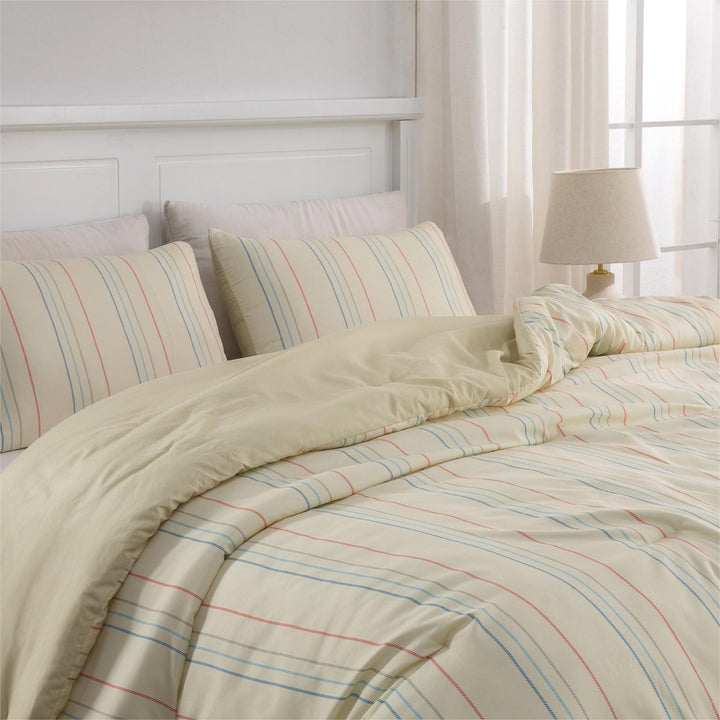Ultra Soft Reversible Printed Stripe Microfiber Comforter Set - All-Season Warmth, Cream Image 4